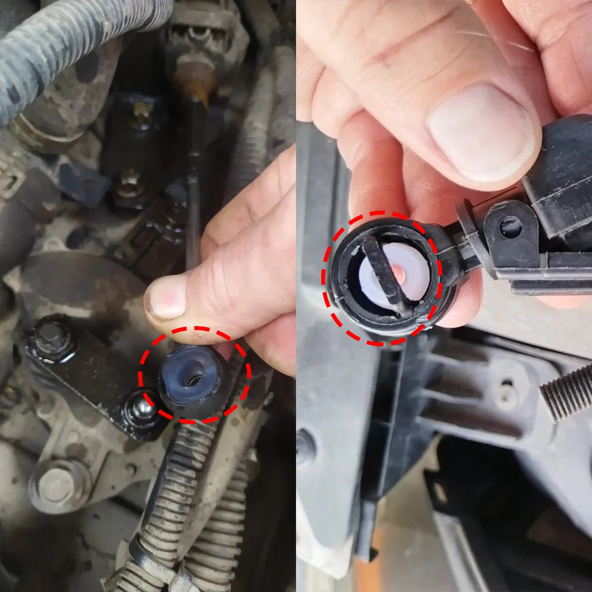 A hand is holding a black gear shift cable bushing, showing the component for an Opel Astra, Vectra, or Zafira.