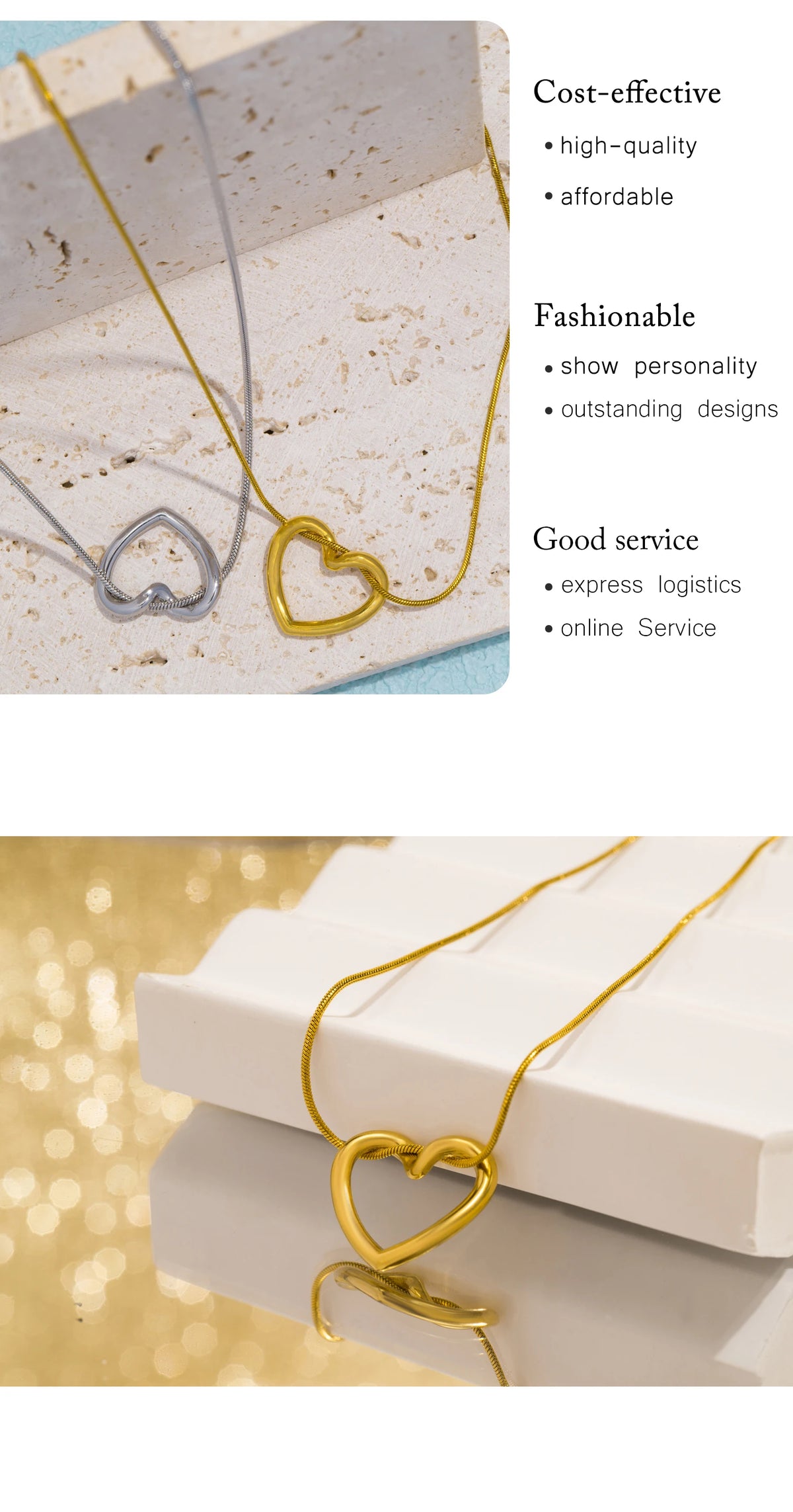 A close-up of a dainty gold heart pendant necklace with a snake chain displayed on a light background.