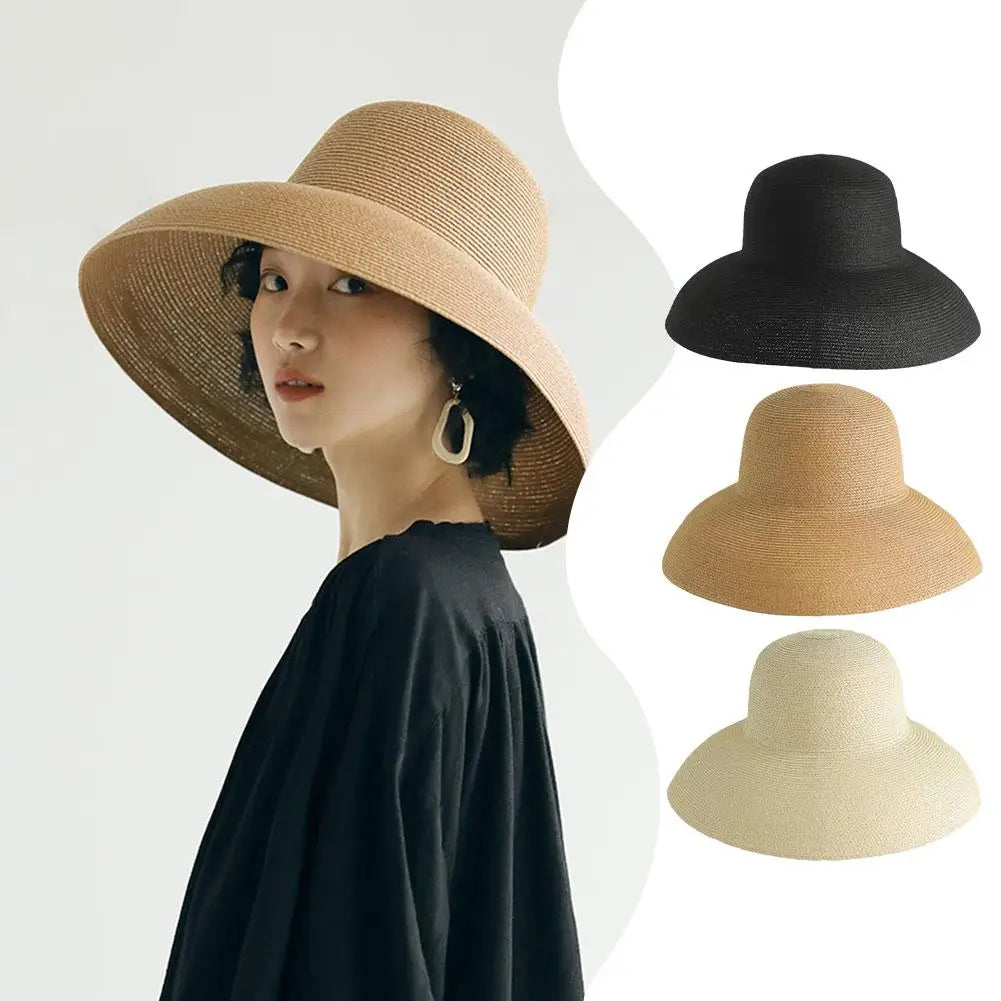 A woman wearing a wide brim straw sun hat and a black top, with separate hats shown below.