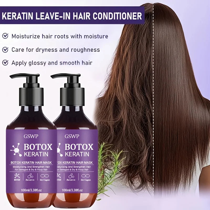 To flasker med GSWP Botox Keratin hårmaske for hårpleie vist ved siden av en kvinnes hår.