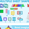A collection of multiple sheet shapes and colorful magnetic building tiles for a STEM toy set.