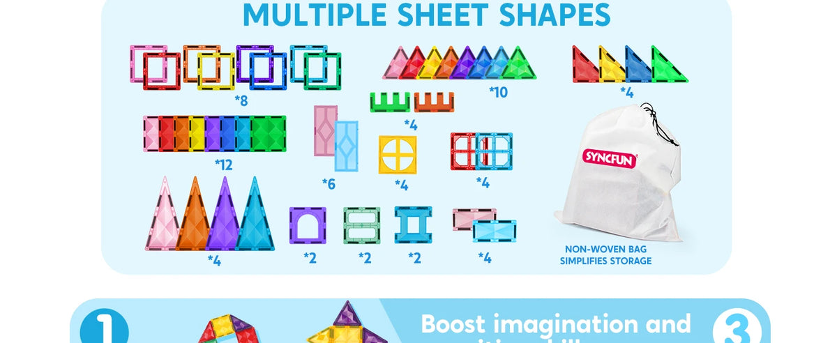 A collection of multiple sheet shapes and colorful magnetic building tiles for a STEM toy set.
