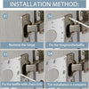 Four steps showing how to install a cabinet door hinge repair plate kit onto a baffle using a hinge and chain link.
