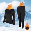 A black women's thermal underwear set is shown against a snowy mountain background with flames indicating warmth.