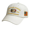 Vit broderad pappa-hatt med USA-örn och text som firar 250-årsjubileet.