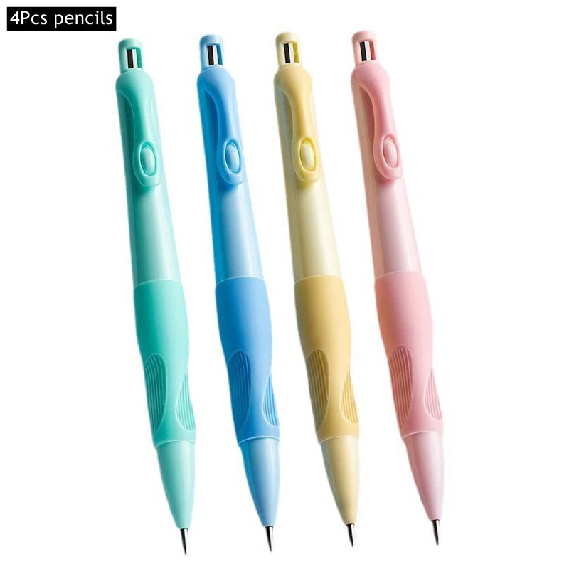 A set of four colored mechanical pencils in light blue, yellow, and pink, with HB lead refills.