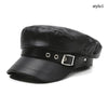 Black PU leather beret hat with a strap and silver buckle