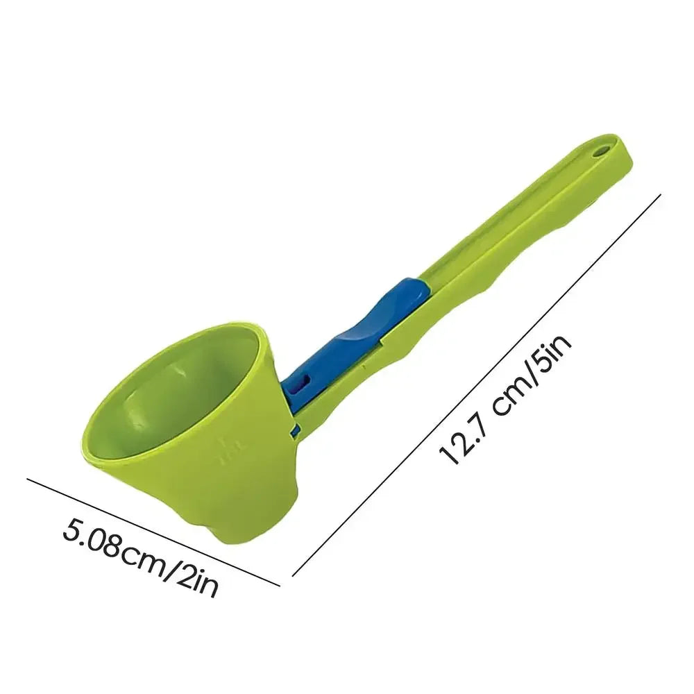 A bright lime green sliding spoon funnel with a blue grip, shown in profile.