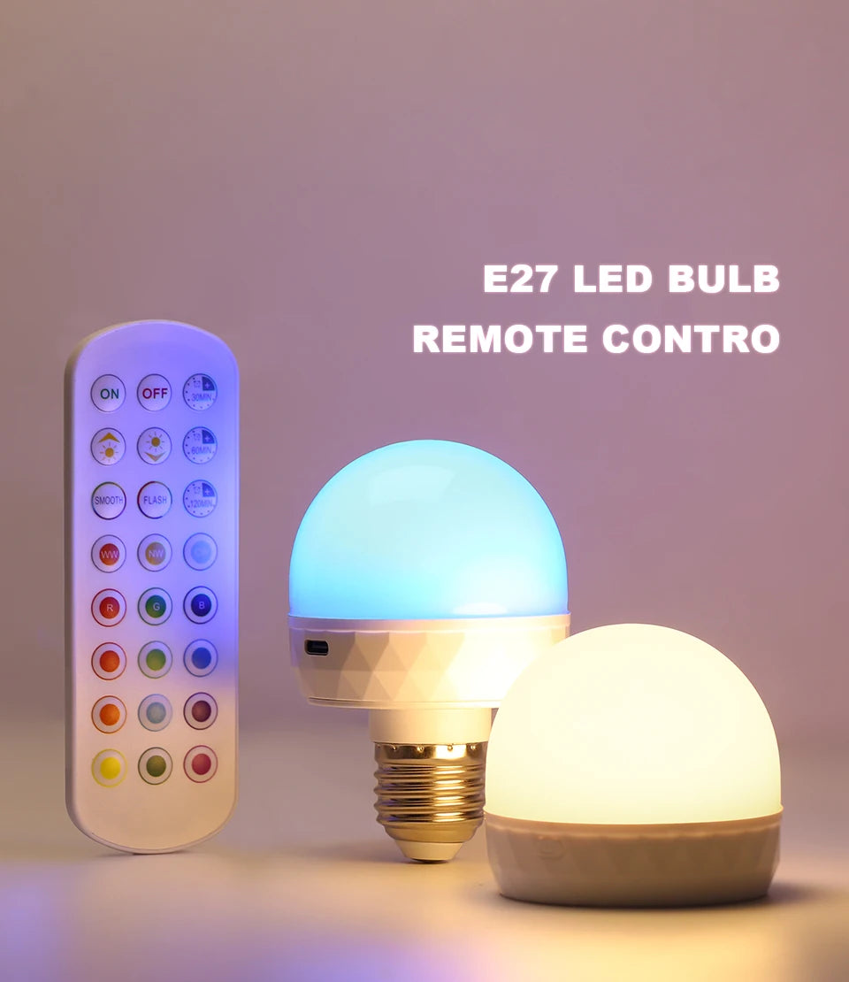 An E27 LED bulb and remote control are shown, with the bulb glowing blue and a white version nearby.