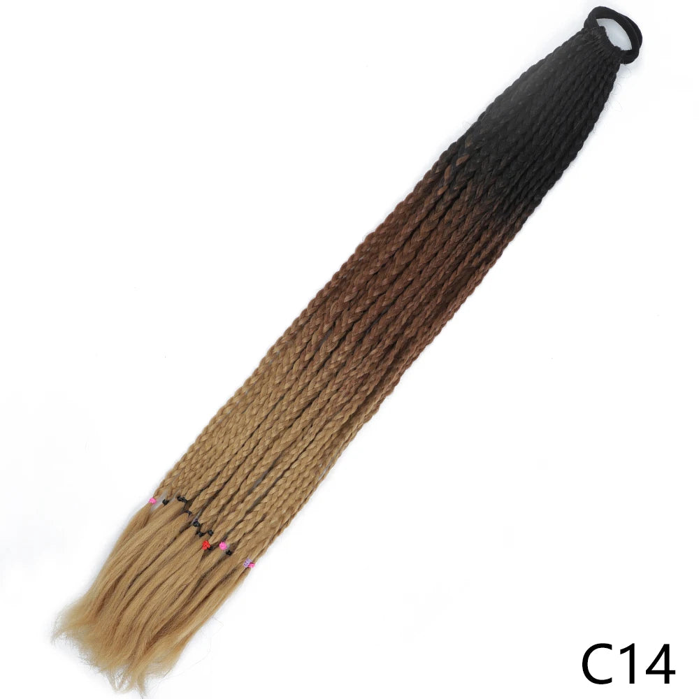 A long, pre-braided hair extension featuring a gradient color transition from light blonde to dark brown, attached with an el