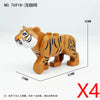 A set of four wooden tiger figures used as building blocks, shown with dimensions.