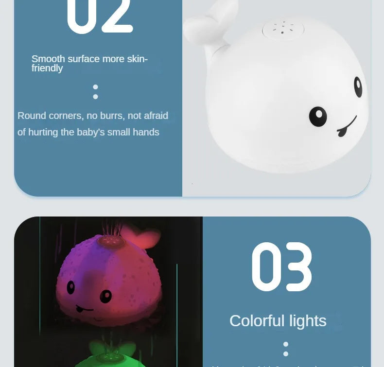 A white musical whale bath toy with light-up features is shown in a product comparison layout.