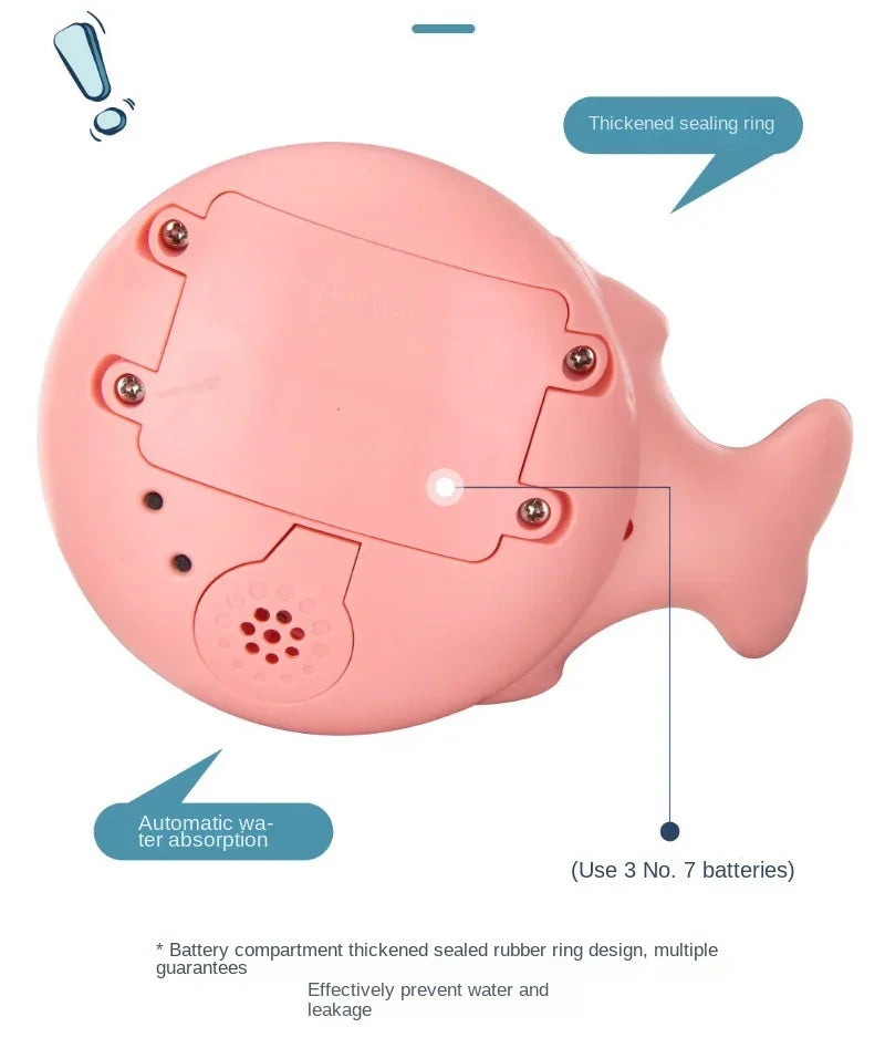 A pink musical whale bath toy with a thickened sealing ring and an automatic water absorption feature.