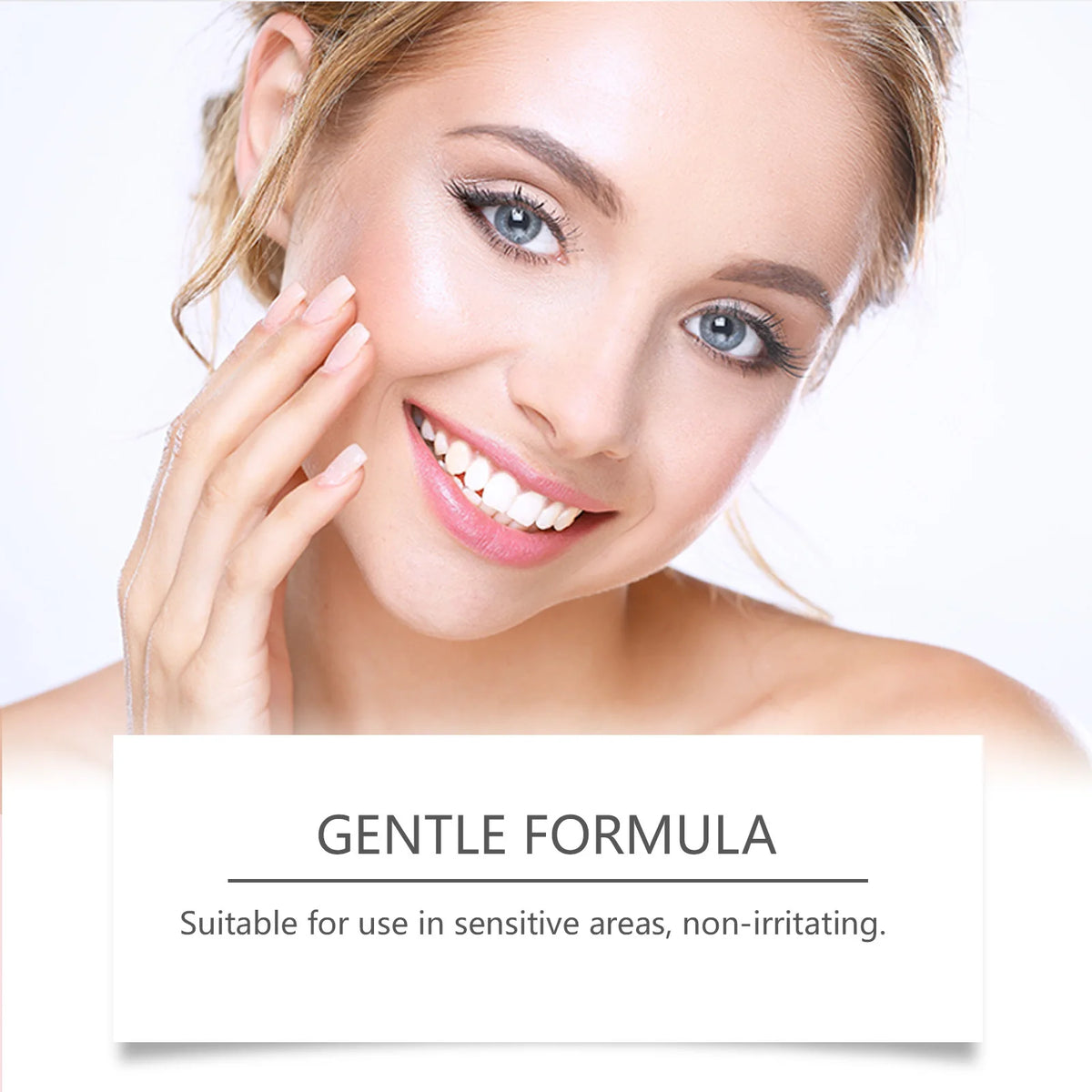 A woman applies a gentle formula to her face, demonstrating the product for sensitive skin.