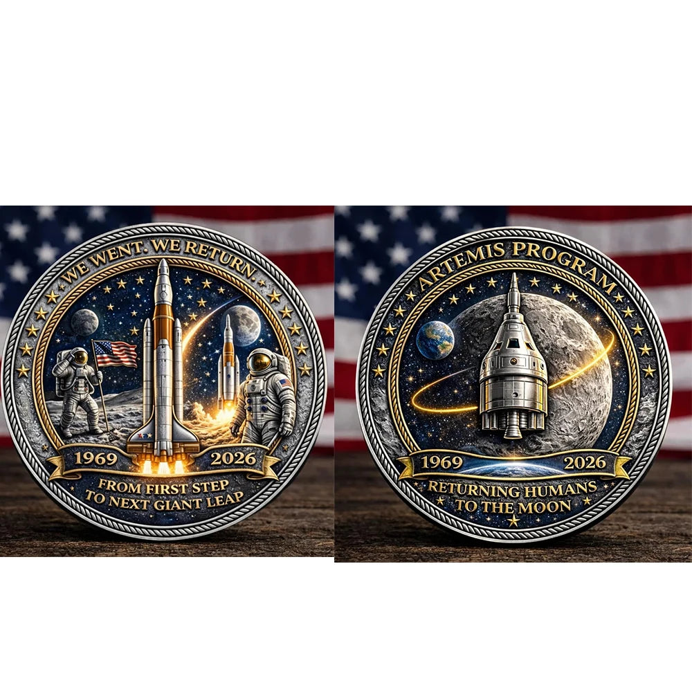 A commemorative space coin featuring the text We Went We Return and Artemis Program with imagery of rockets and the moon.
