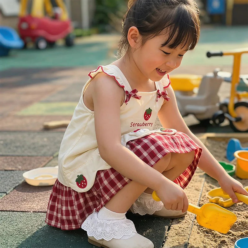 A young girl wearing a cream summer pinafore dress with a strawberry print and plaid skirt sitting on the ground.