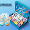 A box containing a 12 pack set of bath bombs with sea creatures and colorful scents.