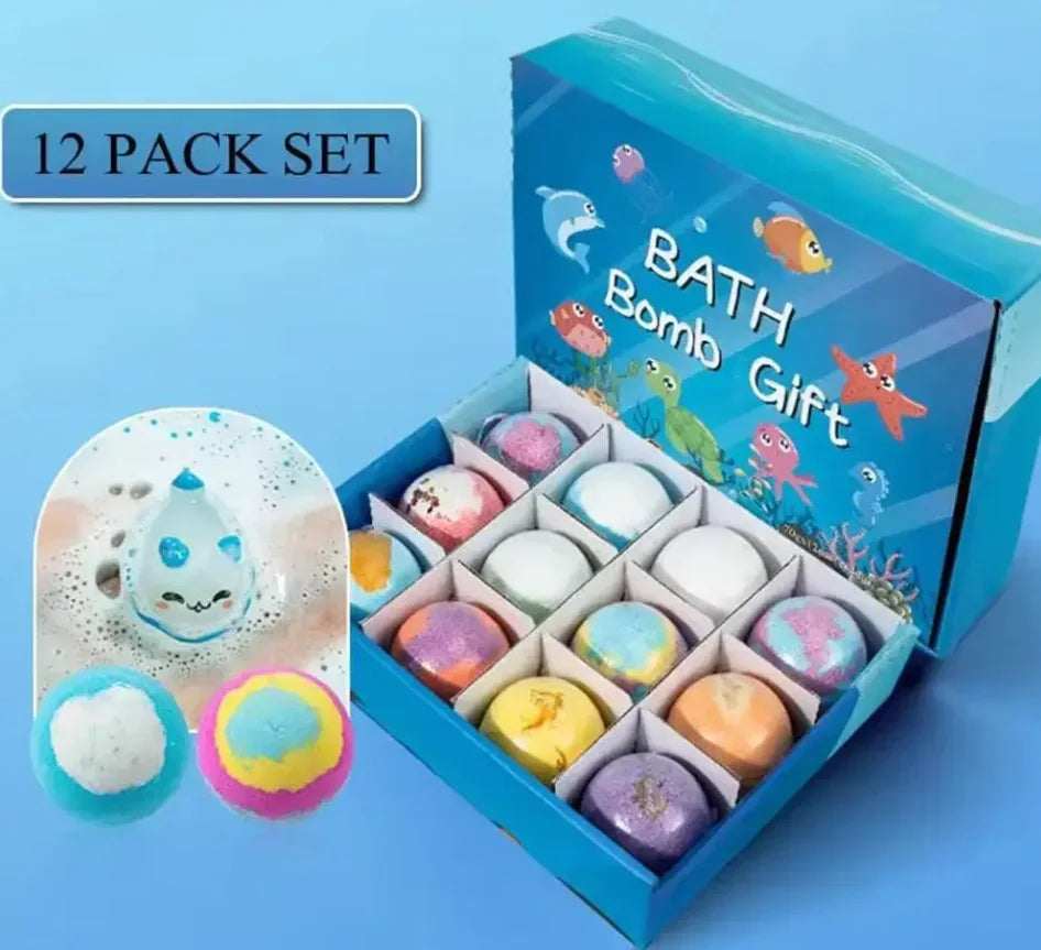 A box containing a 12 pack set of bath bombs with sea creatures and colorful scents.