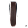 Long dark brown hair extension in a straight ponytail with a black tie