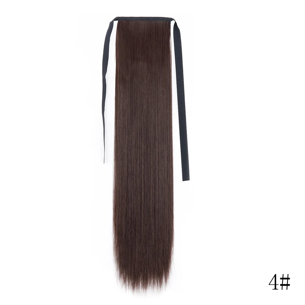 Long dark brown hair extension in a straight ponytail with a black tie