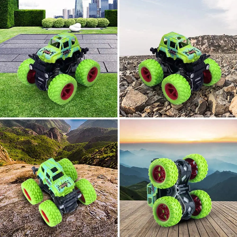 A green pull-back stunt SUV toy car with large wheels is shown in various outdoor settings.
