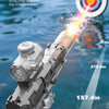 A close-up of an electric water gun firing a stream, demonstrating long-range power and performance metrics.