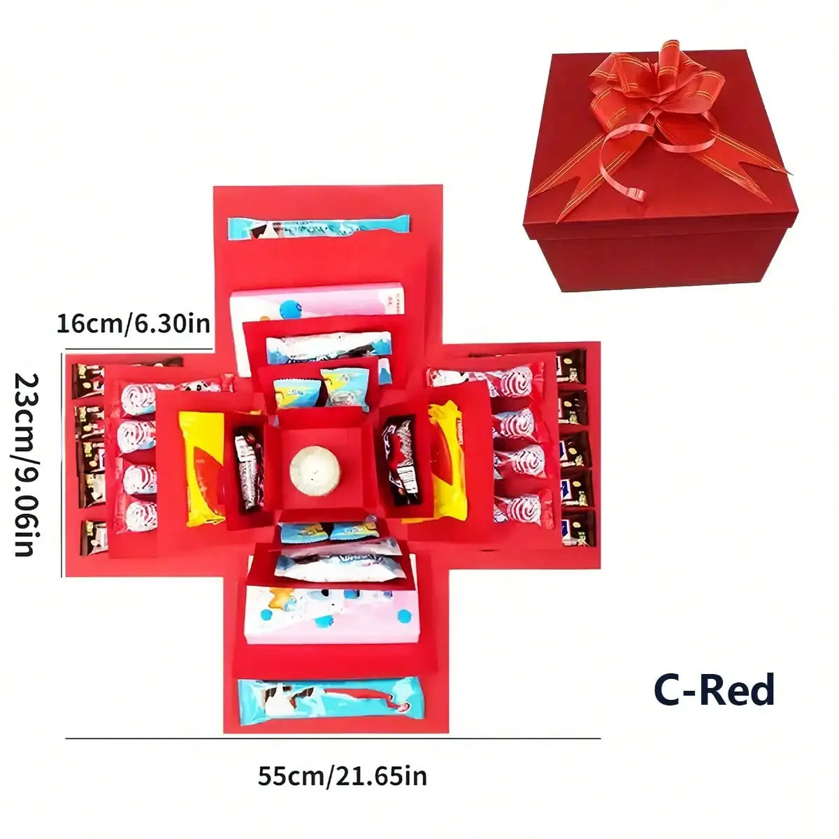 A red gift box kit containing various surprise items and a decorative ribbon for celebrations