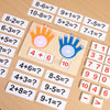 A wooden finger counting number learning toy showing various addition and subtraction problems on a wooden board.