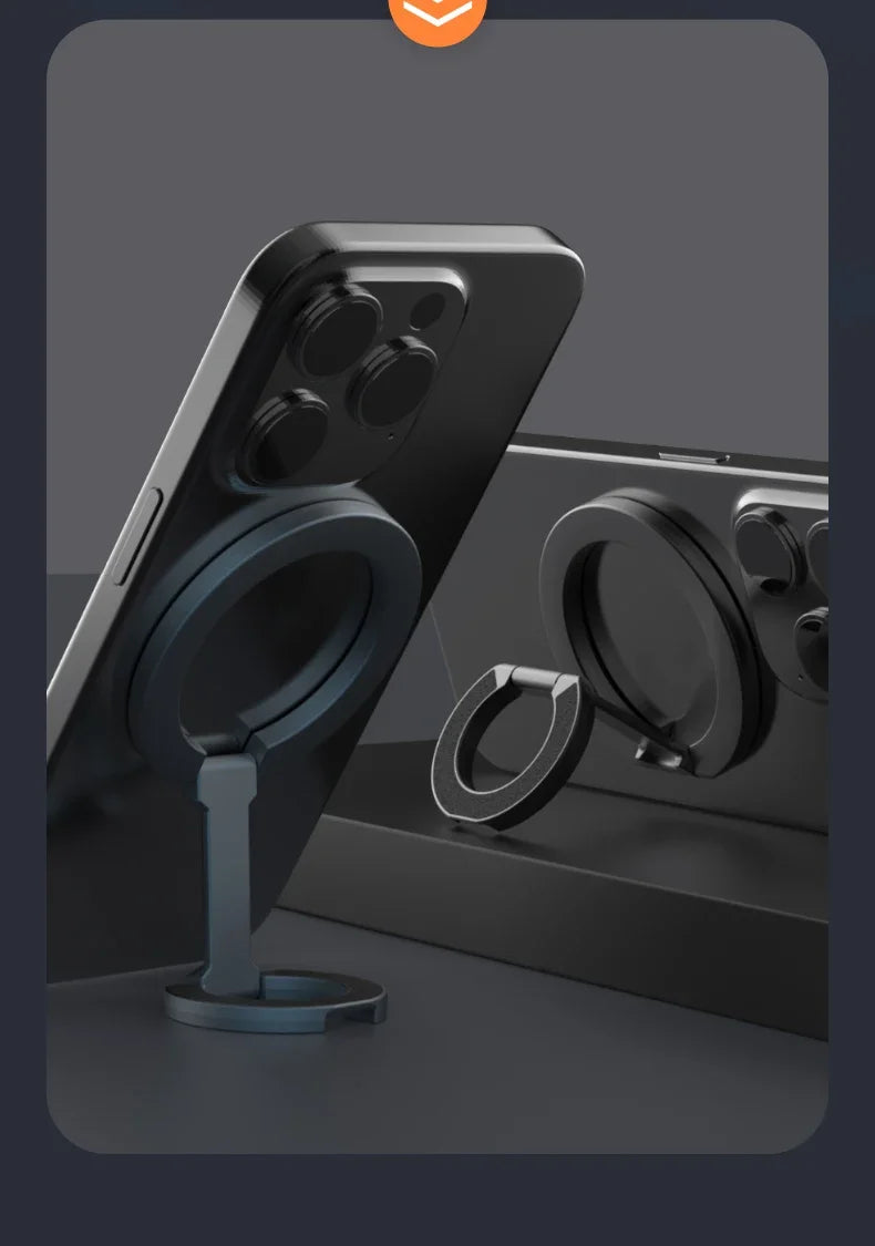 En svart sammenleggbar magnetisk telefonringstativ med flere kameralinser på en mørk overflate.