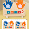 A wooden finger counting toy demonstrating the arithmetic equation 4 - 1 = 3 using hands to represent numbers.