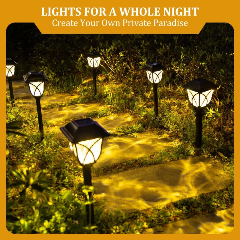 Outdoor garden path lights illuminating a pathway with warm glow at night