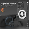 Svart sammenleggbar magnetisk telefonring og holder festet til en smarttelefon.