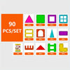 A set of magnetic building blocks featuring various geometric shapes and colors like triangles, squares, and rectangles.