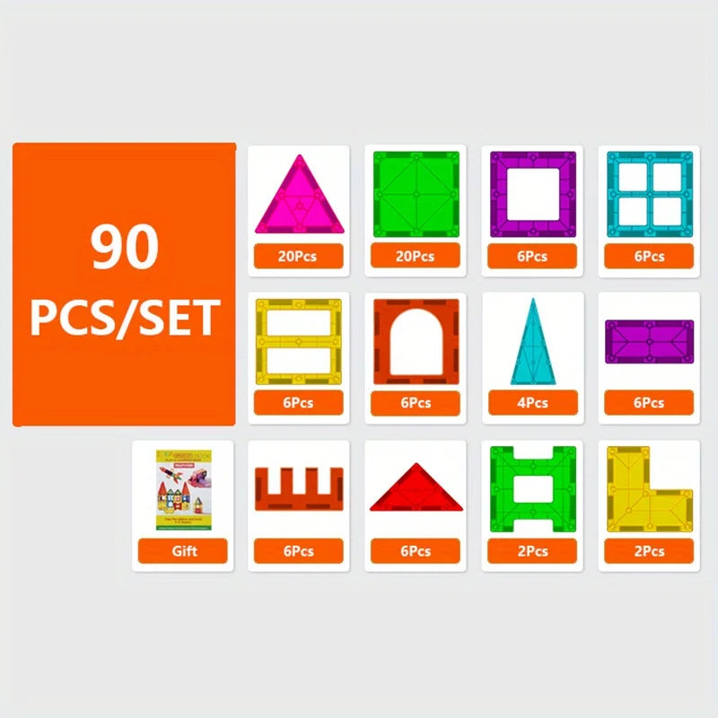 A set of magnetic building blocks featuring various geometric shapes and colors like triangles, squares, and rectangles.
