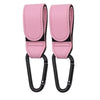 Pair of pink adjustable leather stroller hooks for diaper bags and shopping.