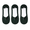 Three pairs of black silicone grip no-show socks displayed individually.