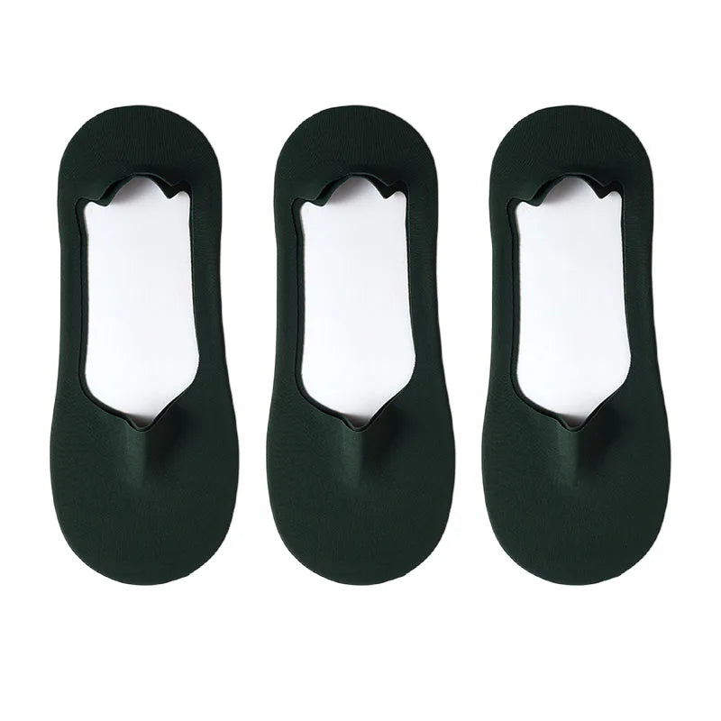 Three pairs of black silicone grip no-show socks displayed individually.