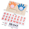 A wooden finger counting number learning toy showing a handprint and a number grid with mathematical symbols.