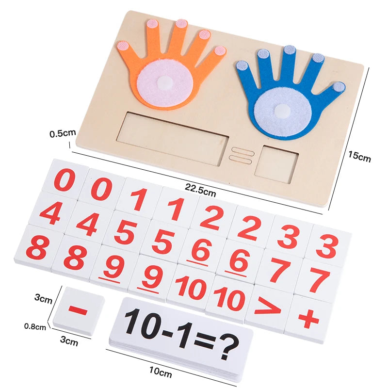 A wooden finger counting number learning toy showing a handprint and a number grid with mathematical symbols.