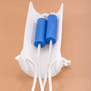 White sock aid with two blue silicone tubes and white strings for applying socks.