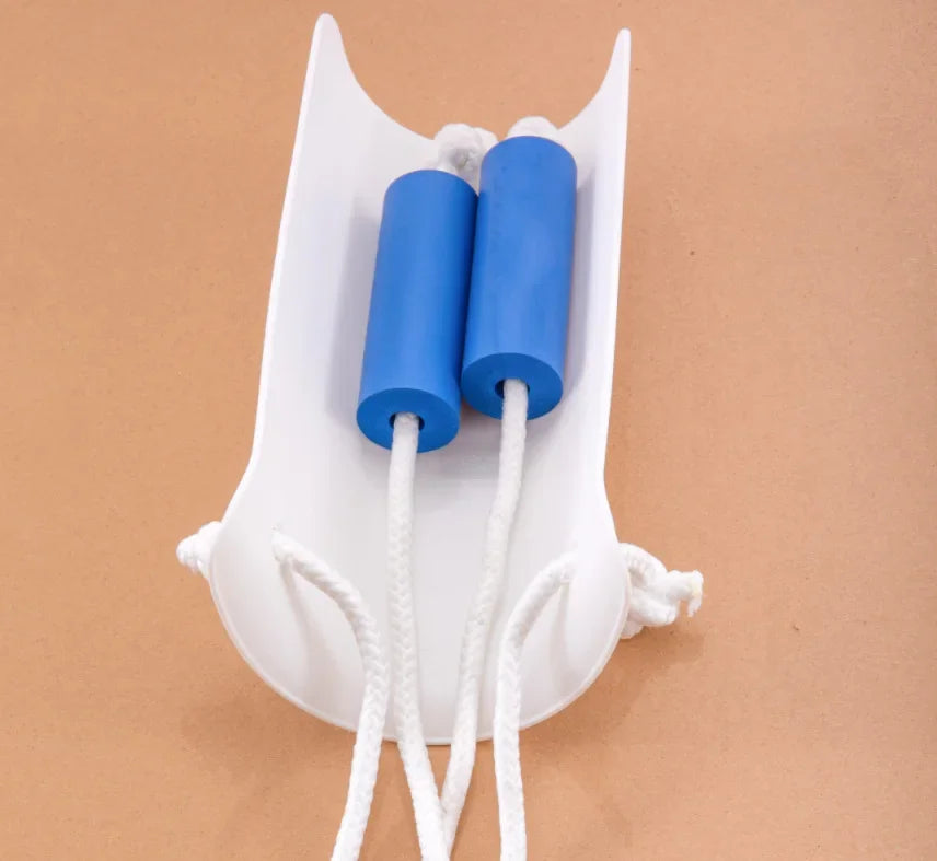 White sock aid with two blue silicone tubes and white strings for applying socks.