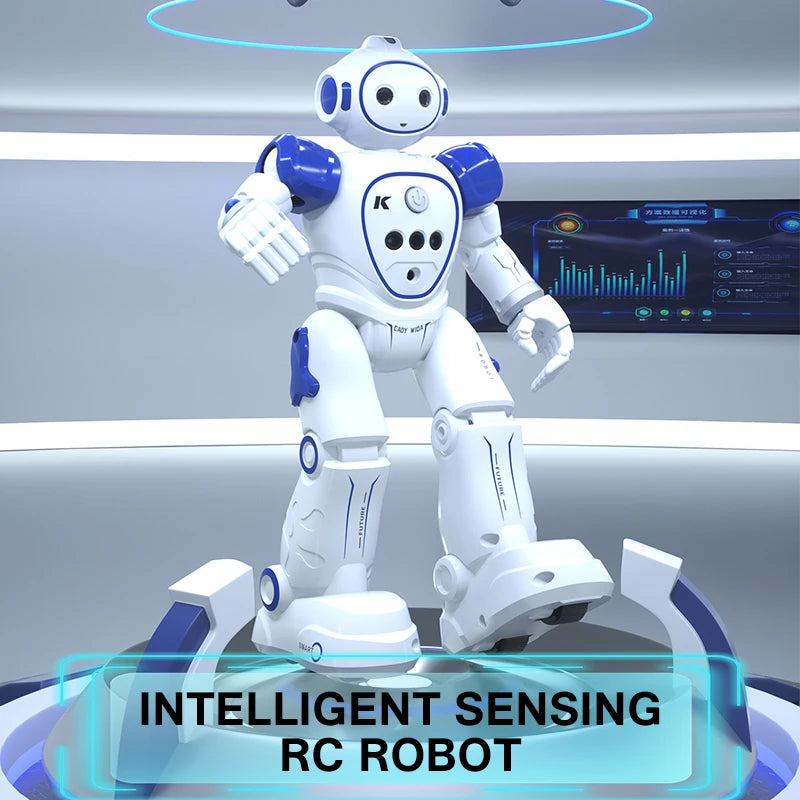 A white robotic figure with blue accents stands on a platform, demonstrating intelligent sensing capabilities.