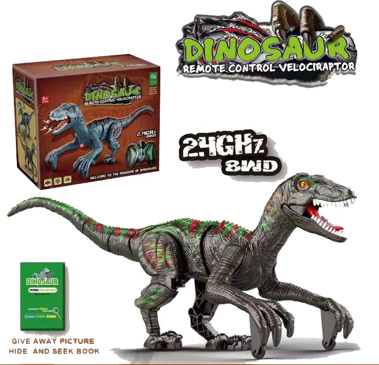 Fjernstyrt dinosaurleketøy med velociraptor-modell og lydeffekt.