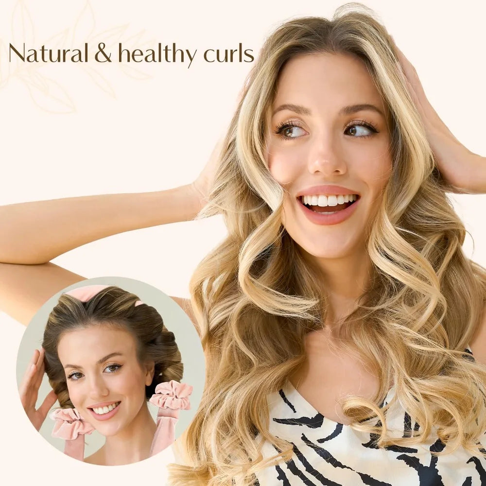 A woman shows off natural and healthy curls while wearing a heatless overnight curling headband.