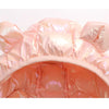 A pink kids' hooded down jacket with shiny, quilted fabric shown from the front.