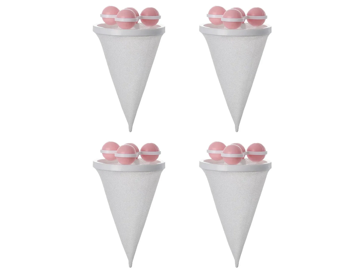 Quatre vues d'un cône blanc de piège à peluche avec boules roses, sous différents angles.