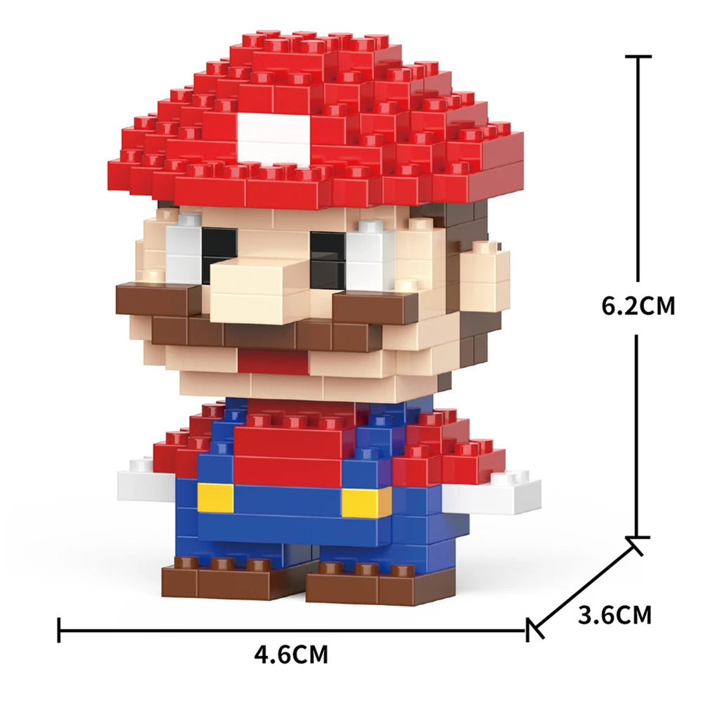 A red and brown micro building block figurine of a character wearing a red hat and blue overalls.