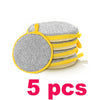 A stack of five yellow and gray double-sided non-stick dish sponges with scouring pads.