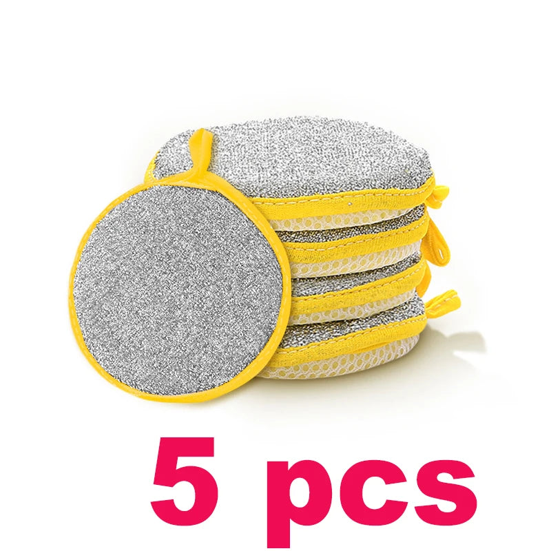 A stack of five yellow and gray double-sided non-stick dish sponges with scouring pads.