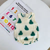 A cream-colored baby cotton sleeveless jumpsuit bodysuit set featuring green pear print on a white background.